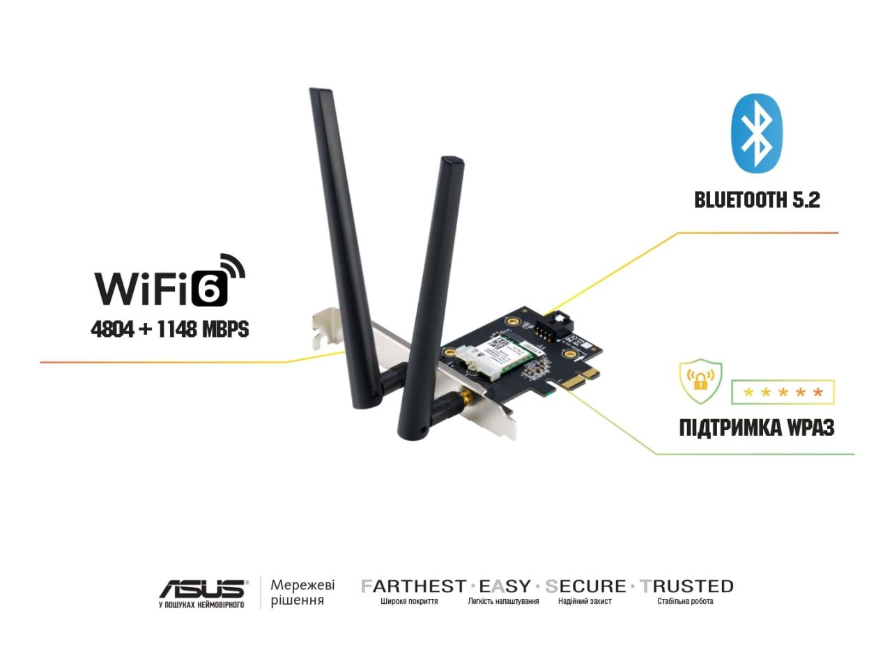 ASUS WiFi-адаптер PCE-AX1800 Bluetooth 5.2 PCI Express WPA3 MU-MIMO OFDMA