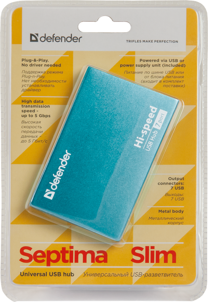 USB-хаб Defender Septima Slim+Adapterб 7xUSB 2.0 220V (83505)