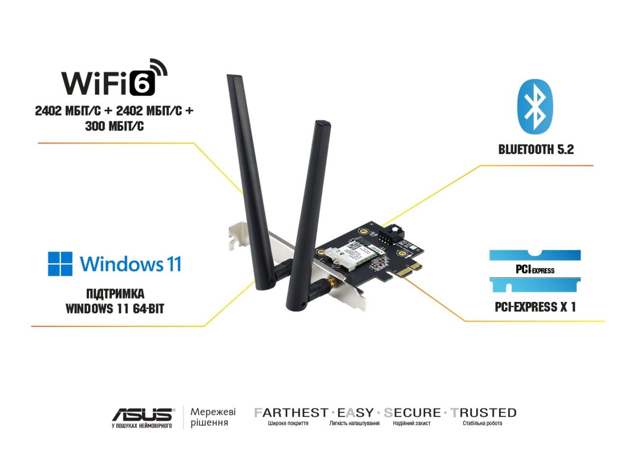 ASUS WiFi-адаптер PCE-AXE5400 Bluetooth 5.2 PCI Express WPA3 OFDMA MU-MIMO