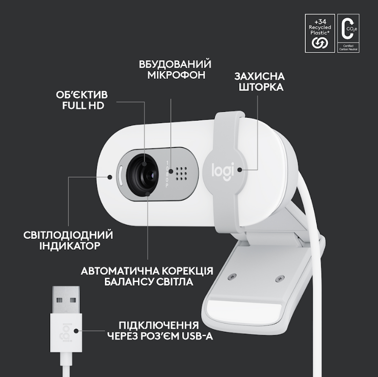Веб-камера Logitech BRIO 100 FHD OFF-WHITE (960-001617) 