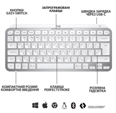 Клавіатура Logitech MX Keys Mini Minimalist Wireless US Pale Grey (920-010499)