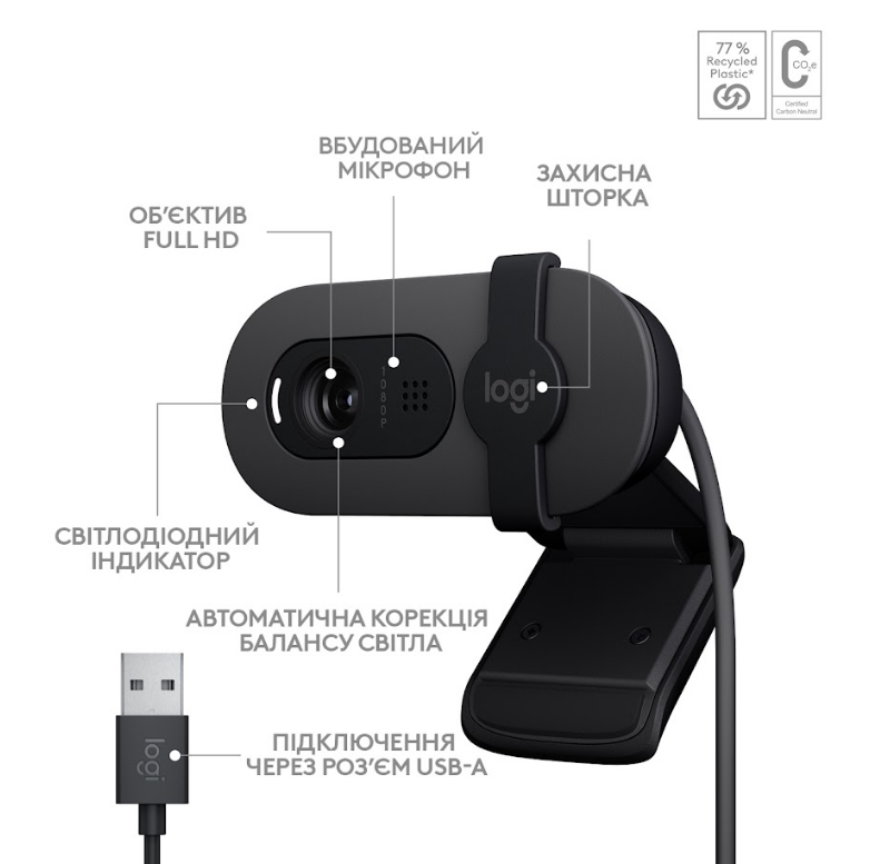 Веб-камера Logitech BRIO 100 FHD GRAPHITE (960-001585) 