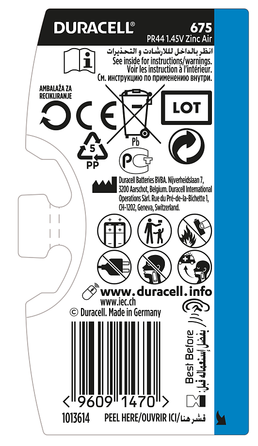 Батарейка Duracell HA 675 уп. 6 шт.