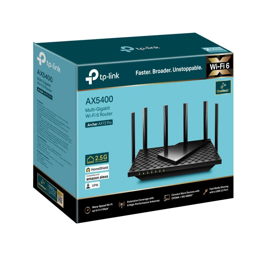 TP-Link Маршрутизатор ARCHER AX72 PRO AX5400 3xGE LAN 1x2.5GE WAN/LAN 1xGE WAN/LAN USB 3.0 MU-MIMO OFDMA