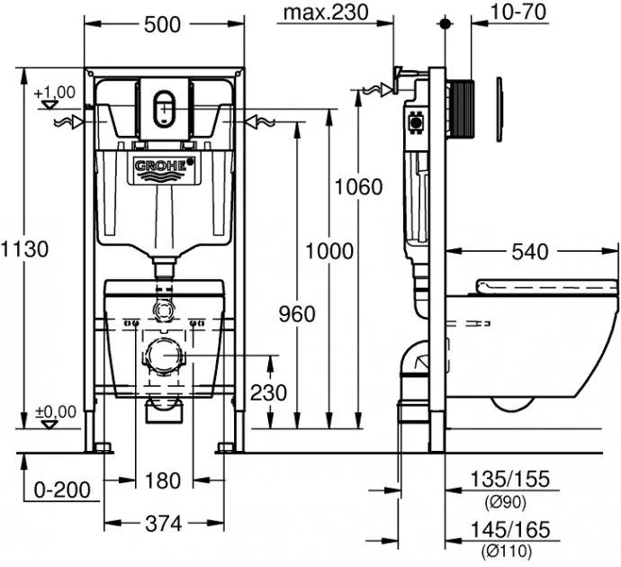 Інсталяція GROHE Solido 39536000 (Rapid SL 38528001) з панеллю змиву Arena Cosmopolitan 38844000 + унітаз Euro Ceramic 39328000 Rimless із сидінням SoftClose 39330000 дюропласт