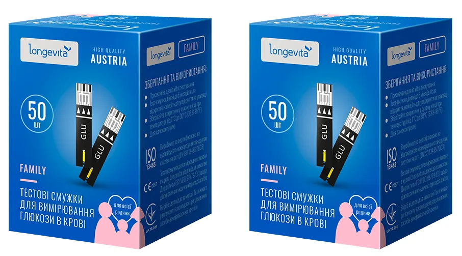 Тестові смужки для вимірювання глюкози у крові Longevita Family 100шт.(2*50шт)
