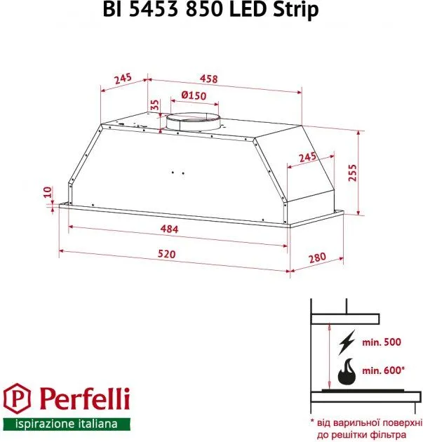 Витяжка PERFELLI BI 5453 BL 850 LED Strip