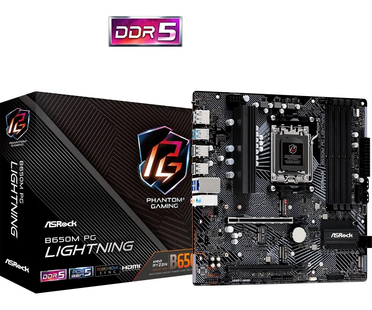ASRock Материнська плата B650M PG LIGHTNING sAM5 B650 4xDDR5 M.2 HDMI DP mATX